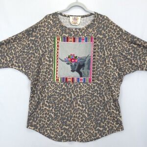 Queen Bee's Womens XL Dolman Sleeve Leopard Top Folk Art Cow Patch  Boho Western
